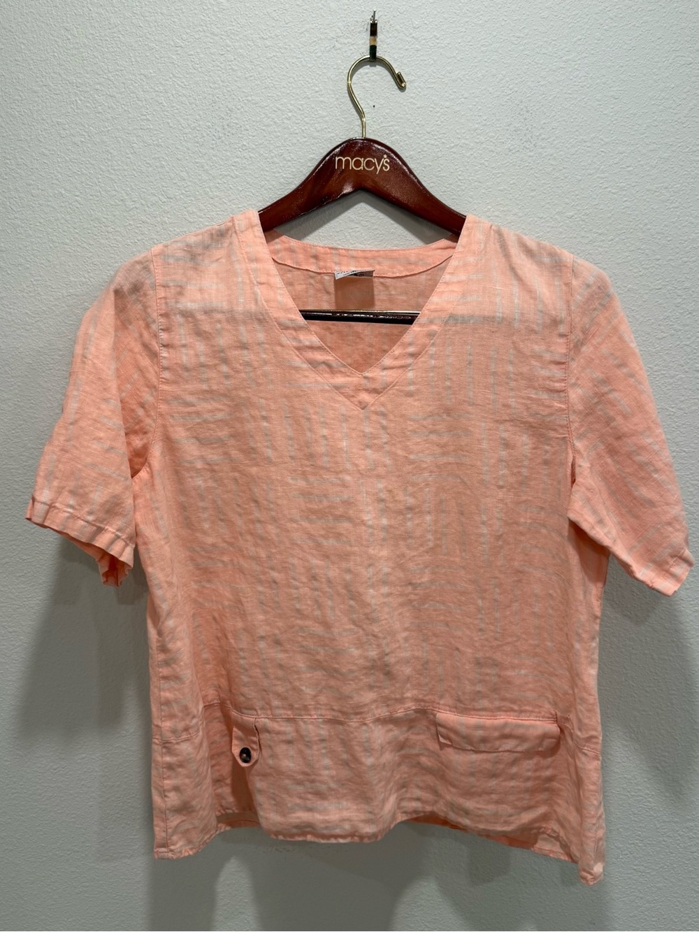 Click 100% Linen Peach Cream Striped V-Neck Top Medium Coastal Summer